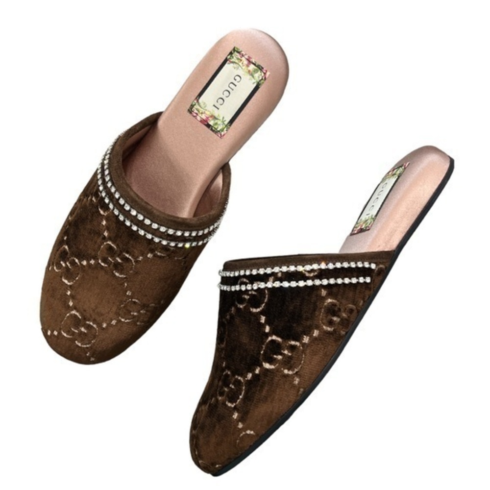 GUCCI Queen GG Dark Brown Velvet Mules Slippers with Crystals Size 38 NIB